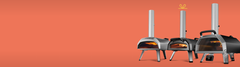 A line up of the Ooni Karu pizza ovens on an orange background