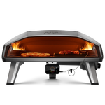 Front view of the Ooni Koda 2 max gas pizza oven with pizza and grizzler pan cooking meat side by side