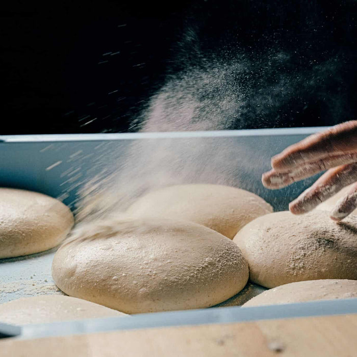 Pizza dough balls in proofing tray being dusted with flour