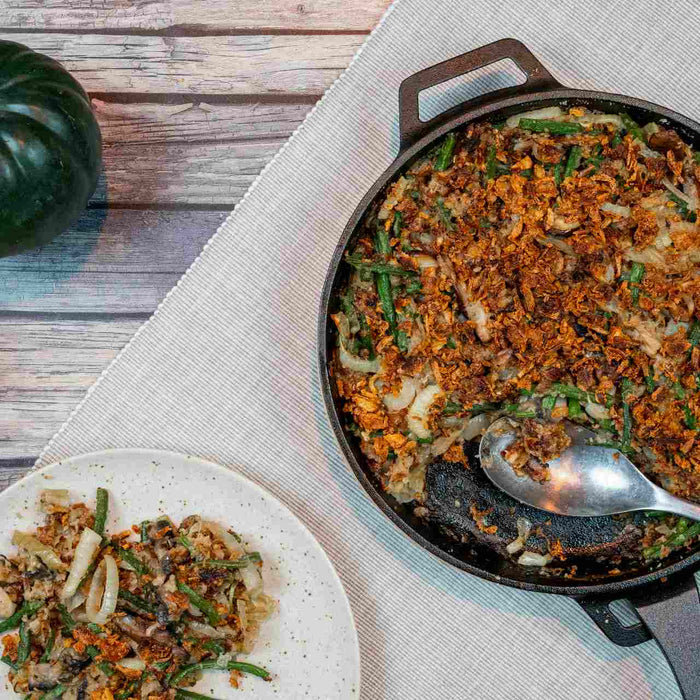 Cast Iron-Baked Green Bean Casserole with Fried Onions