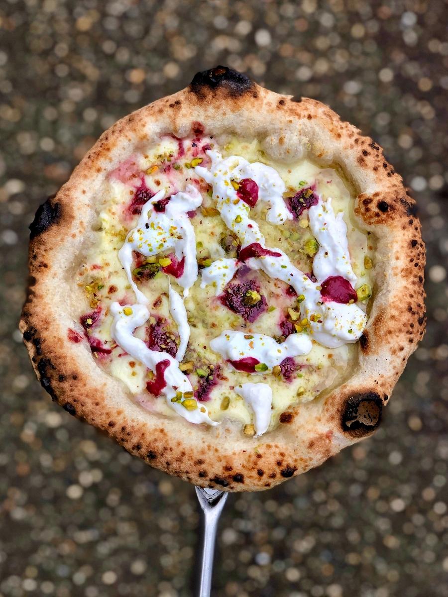 Cheese Pizza with Garlic, Beets Puree, And Pistachio Recipe — Ooni Europe