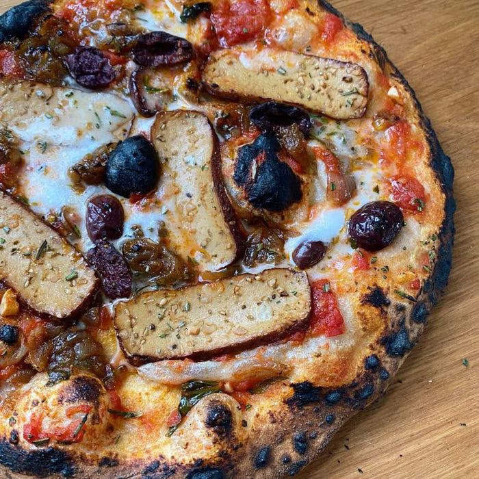 Smoked Tofu and Caramelized Onion Pizza with Vegan Feta, Olives and Rosemary