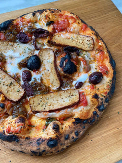 Smoked Tofu and Caramelized Onion Pizza with Vegan Feta, Olives and Rosemary