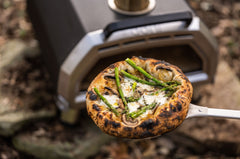 White Pizza with Asparagus, Chestnut Mushrooms, and Thyme.