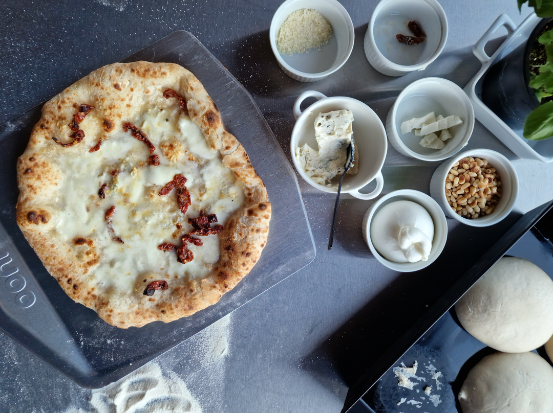 White Pizza with Gorgonzola, Burrata & Garlic Oil