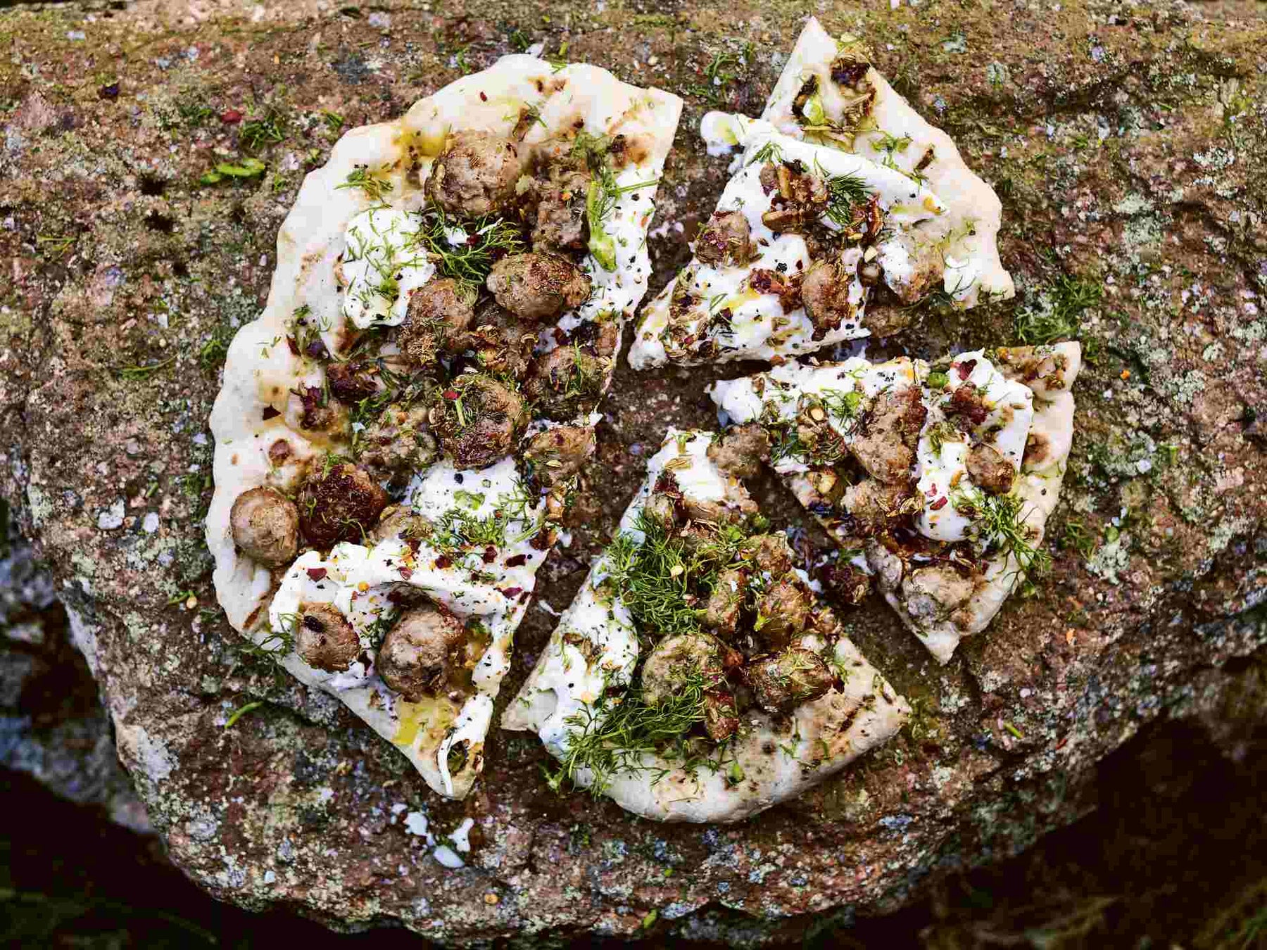 Flatbread with Chilli and Fennel Sausage, Burrata and Herbs 