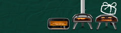 A rendered image showing the Volt 2, Karu 2, Koda 2 pizza ovens on a dark green background.