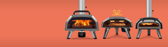 A line up of the Karu 2, Koda 2 and Karu 2 Pro pizza ovens with an orange background