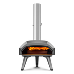 Ooni Karu 12 portable outdoor fireplace with visible flames on a white background