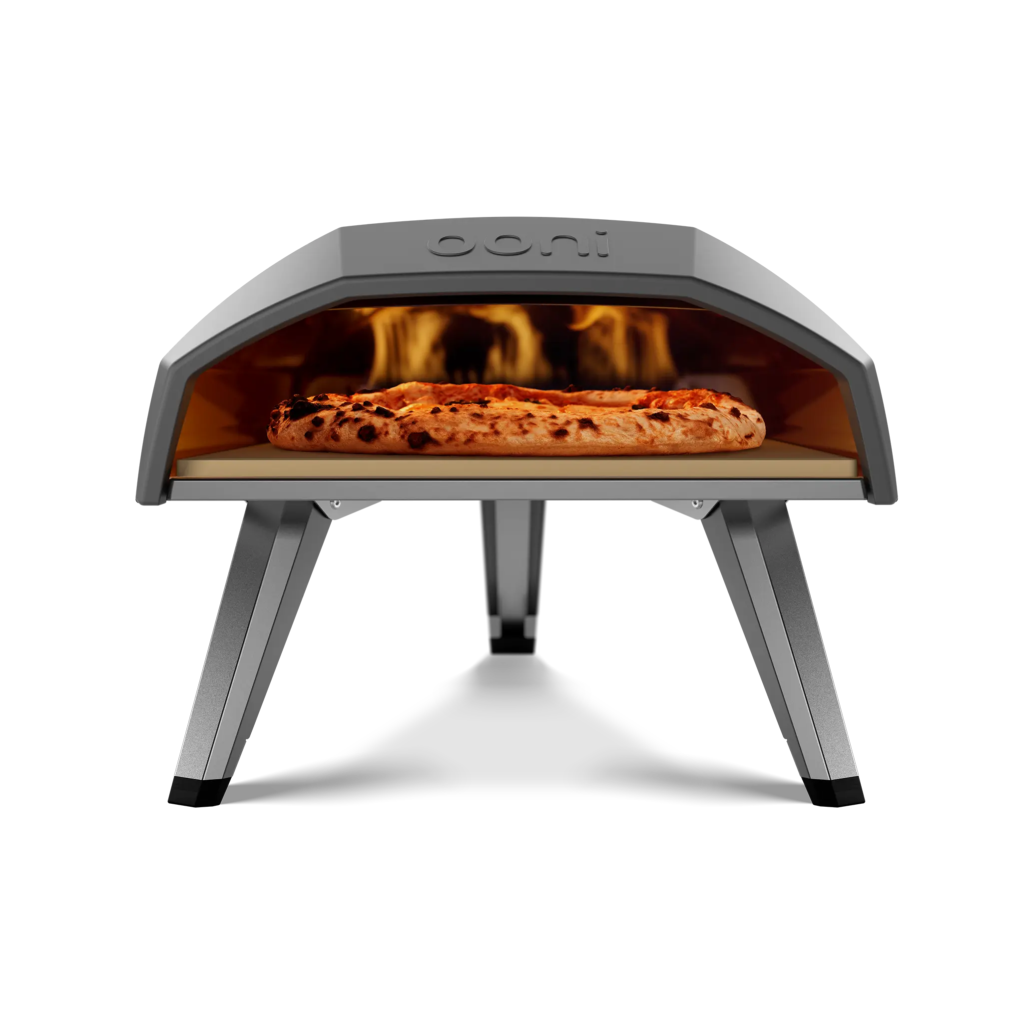 Front view of the Ooni Koda 12 Gas Pizza Oven with pizza inside