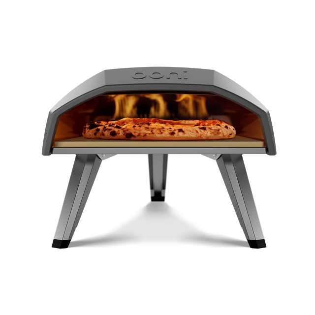 Front view of the Ooni Koda 12 Gas Pizza Oven with pizza inside