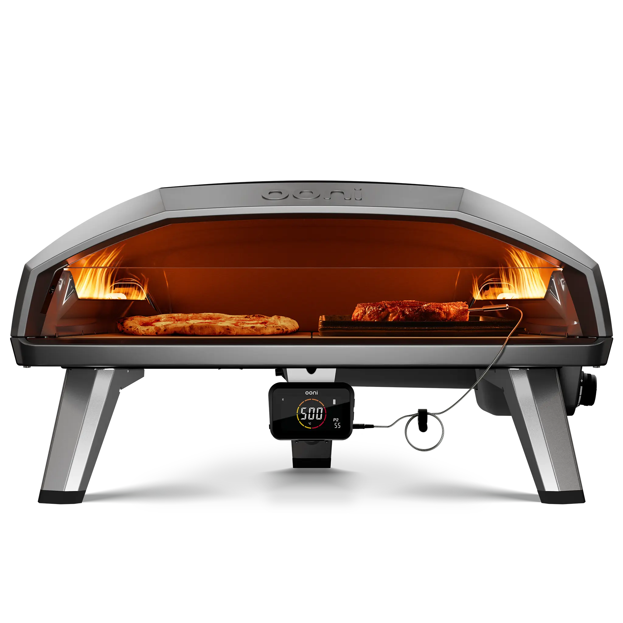 Front view of the Ooni Koda 2 max gas pizza oven with pizza and grizzler pan cooking meat side by side  