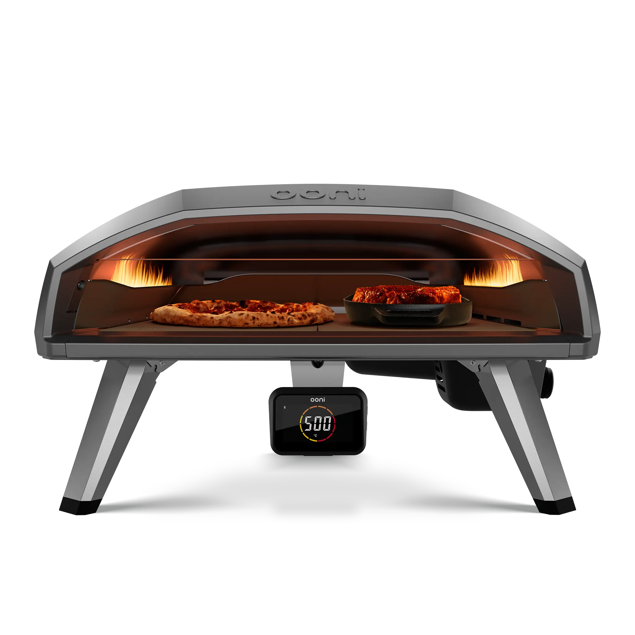 Ooni Koda 2 Pro gas pizza oven front view with pizza and cast iron pan side by side 