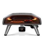Ooni Koda 2 Pro gas pizza oven front view with pizza and cast iron pan side by side 