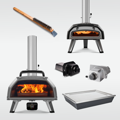 Karu 2 and Karu 2 Pro ovens, gas burners, brush and Detroit pan on a white background