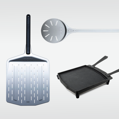 perforated pizza peel, turning peel and dual sided cast iron  grizzler pan 