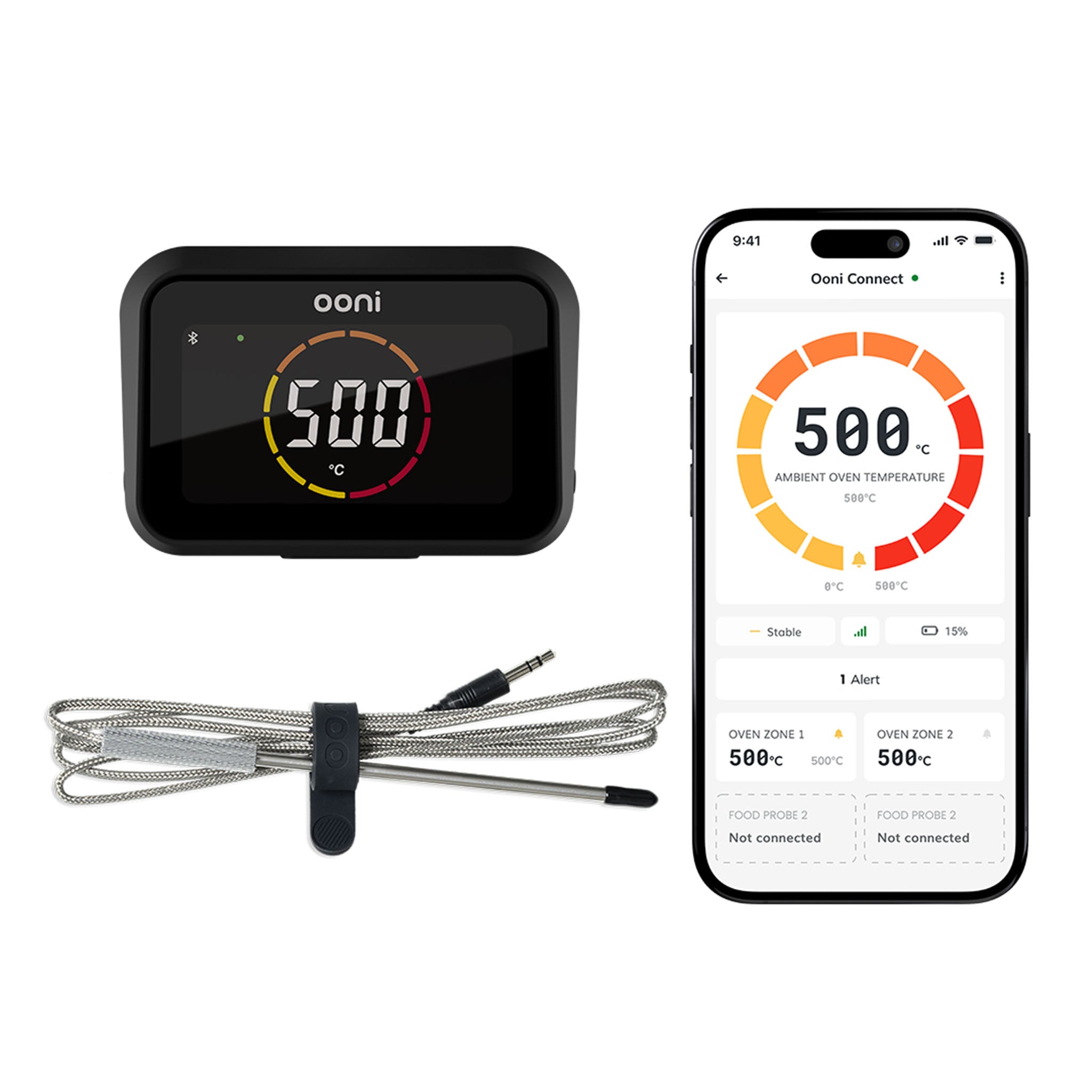 Digital Temperature hub, food probe and app display on mobile