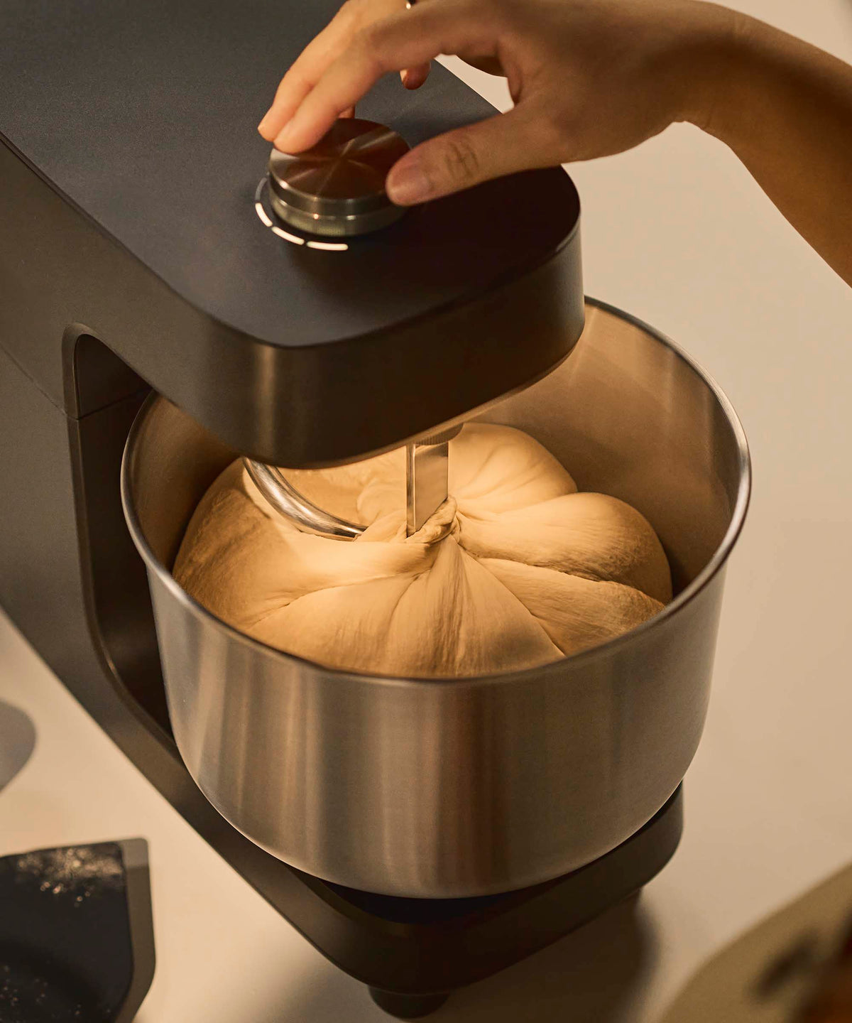 A close up of dough being mixed in the Halo Core Spiral Mixer 