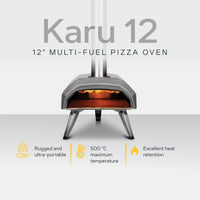 Ooni Karu 12 12" Multi-Fuel Pizza Oven with white background and description of key features