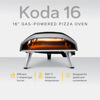 Ooni Koda 16 16" Gas-Powered Pizza Oven with white background and key features information