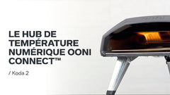 Ooni pizza oven with text about digital temperature control on a white background