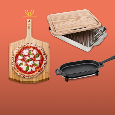 A selection of Ooni accessories on an orange background.