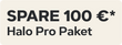 Promotional label for 'Spare 100 € Halo Pro Paket' on a beige background