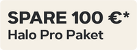 Promotional label for 'Spare 100 € Halo Pro Paket' on a beige background