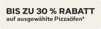 Promotional label for 'Bis Zu 30% Rabatt auf ausgewahlte Pizzaofen' on a beige background