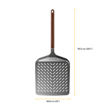 Ooni Signature Peel with wooden handle shown with measurements on a white background