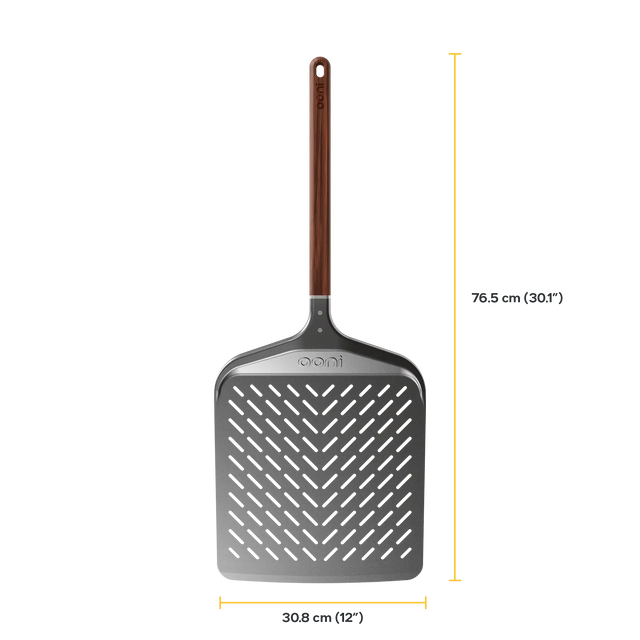 Ooni Signature Peel with wooden handle shown with measurements on a white background
