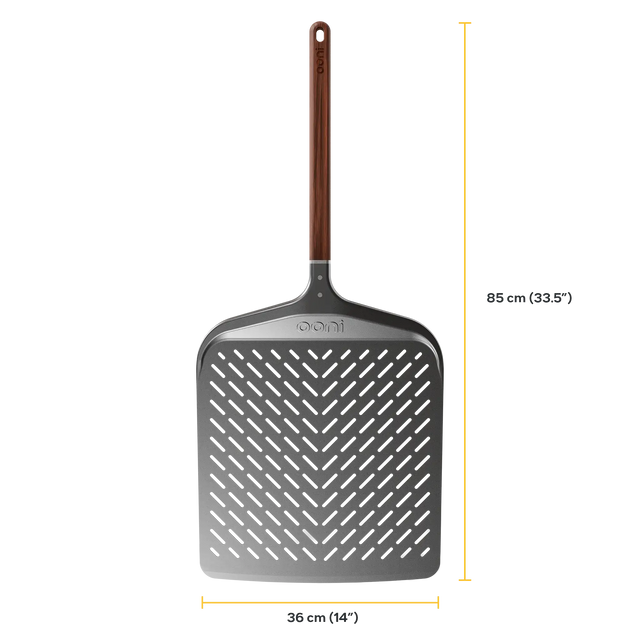 Ooni Signature Pizza Peel with wooden handle and measurements on a white background