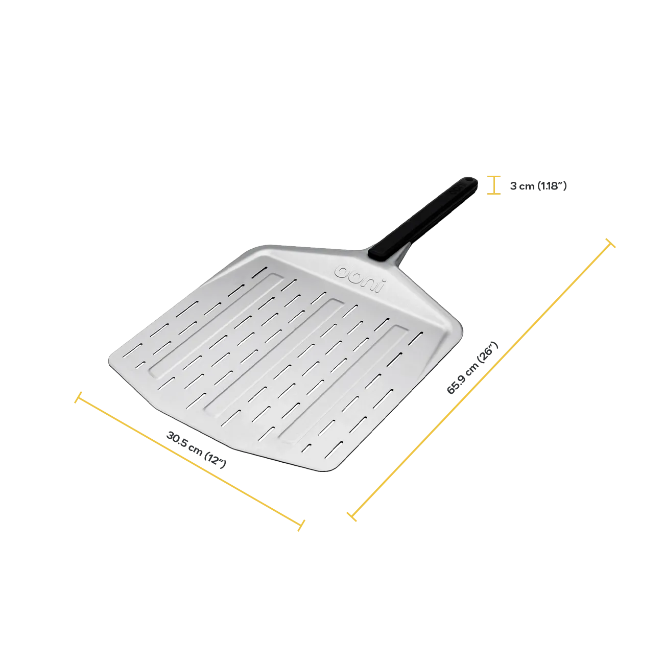 The Ooni perforated pizza peel with black handle and measurements on a white background