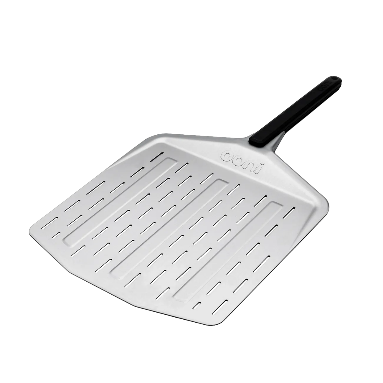 A side angle shot of the Ooni perforated pizza peel with a black handle and white background.
