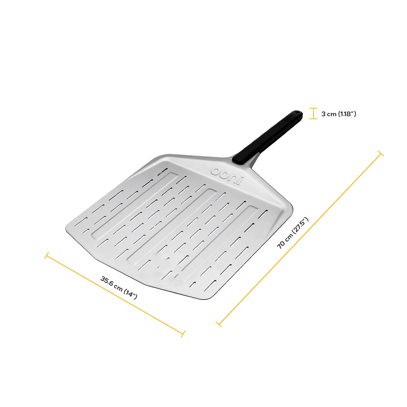 The Ooni perforated pizza peel with measurements on a white background
