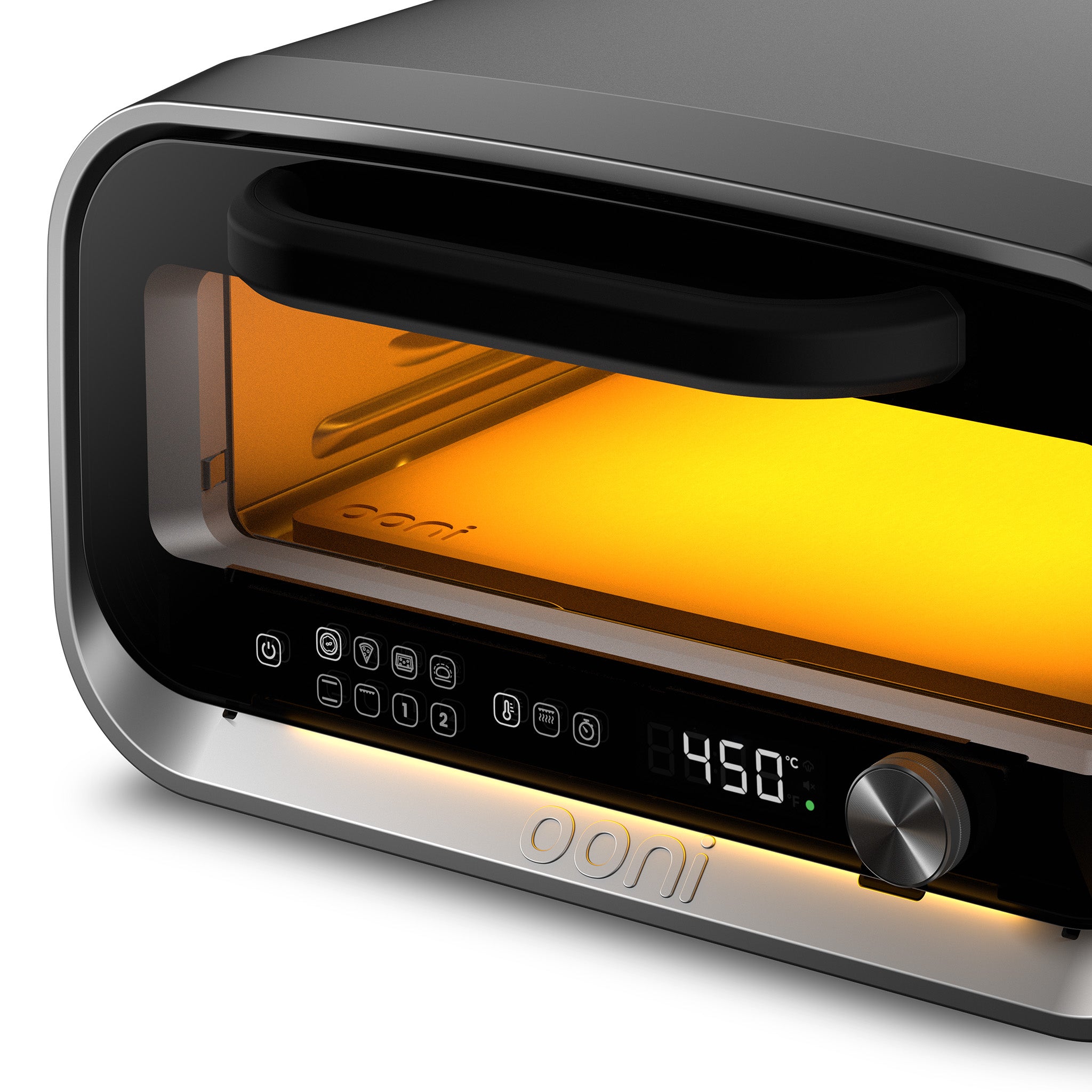 Ooni Volt 2 electric pizza oven with digital display and control knob on a white background