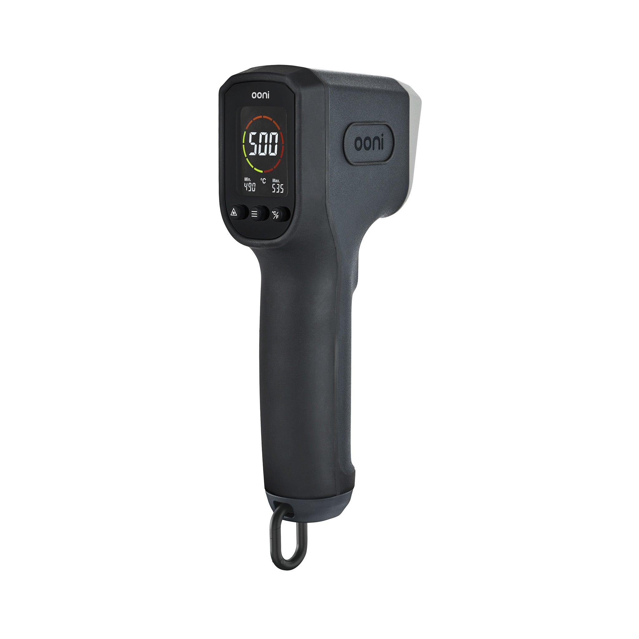 Ooni black infrared thermometer with digital display on a white background