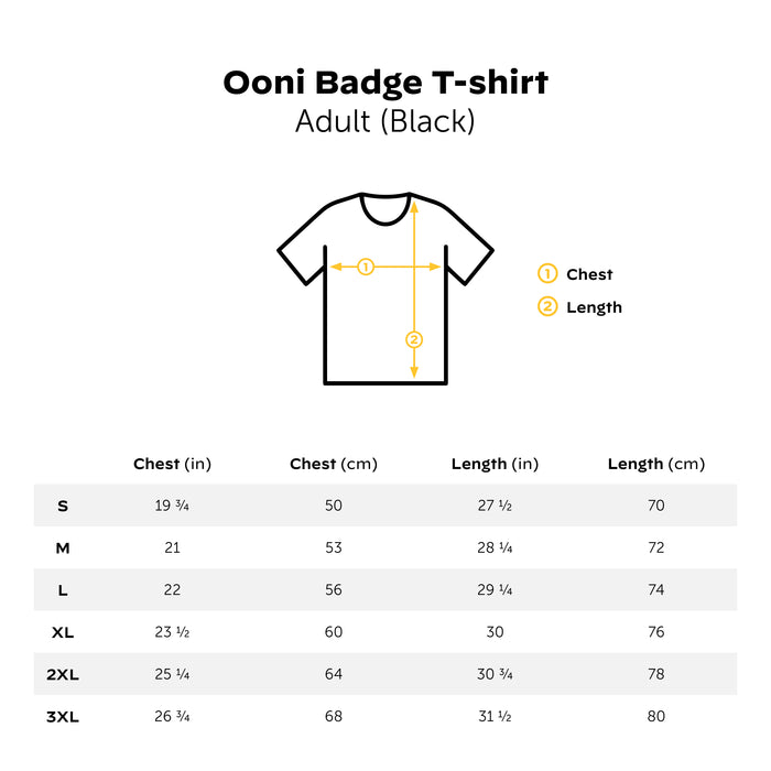Ooni Badge T-Shirt Black Size Guide | Click this image to open up the product gallery modal. The product gallery modal allows the images to be zoomed in on.