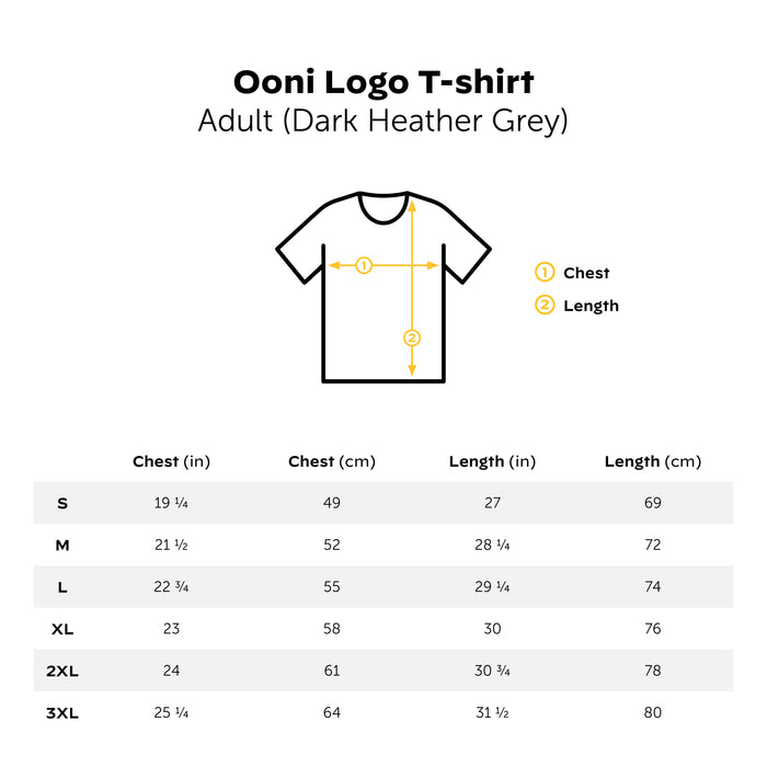 Ooni Logo T-Shirt Dark Grey Size Guide EU | Click this image to open up the product gallery modal. The product gallery modal allows the images to be zoomed in on.